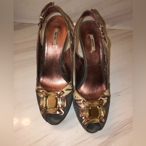 Miu Miu open toe Slingback heels with large stones snakeskin and gray suede 38 - Picture 1 of 8